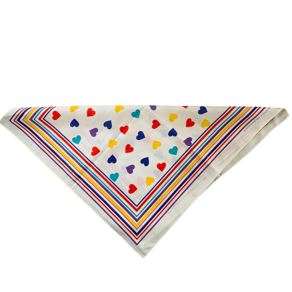 Vintage 90s White Colourful Heart Print Square Bandana Made in USA